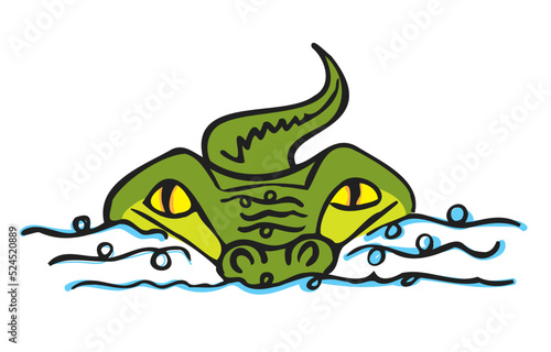 Alligator swimming in the water. Icon of a green crocodile in the water. Gator graphic.
