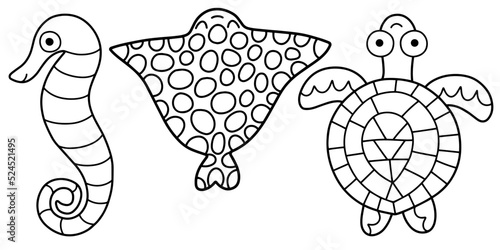 Hand-drawn sea horse, electric ray and sea turtle coloring page vector illustration. Simple cartoon sea animals set black outline isolated on white. Cute linear three sea animals printable page