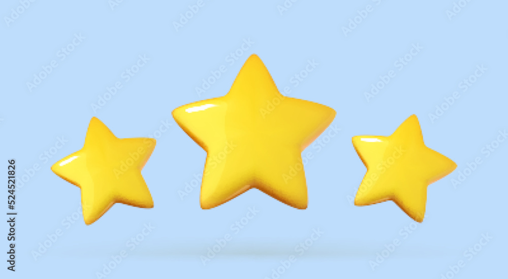 Three yellow glossy rating star. Symbol of customer satisfaction review. Vector 3d illustration Three yellow glossy rating star. Symbol of customer satisfaction review. Vector 3d illustration