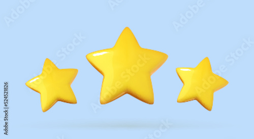 Three yellow glossy rating star. Symbol of customer satisfaction review. Vector 3d illustration