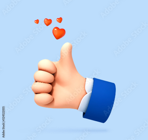 3D cartoon thumb up hand gesture isolated on blue background. Hand thumb up or like sign. Social media concept. Vector 3d illustration