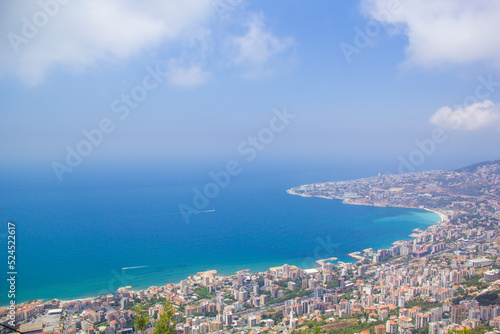 Fototapeta Naklejka Na Ścianę i Meble -  Beautiful view of the funicular at the resort town of Jounieh from Mount Harisa, Lebanon