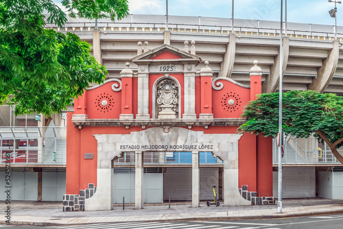 Santa Cruz de Tenerife, Spain - November 25, 2021: Central entrance to the Estadio Heliodoro Rodriguez Lopez Football Stadium in Santa Cruz. Ancient gate with coat of arms - outside view