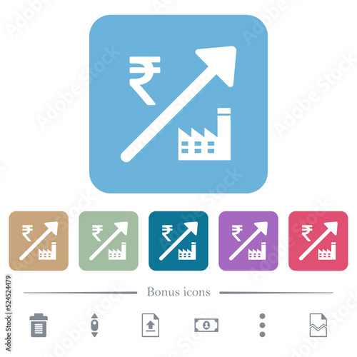 Rising power plant Indian Rupee prices flat icons on color rounded square backgrounds