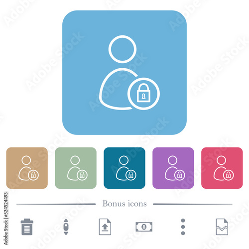 Lock user outline flat icons on color rounded square backgrounds