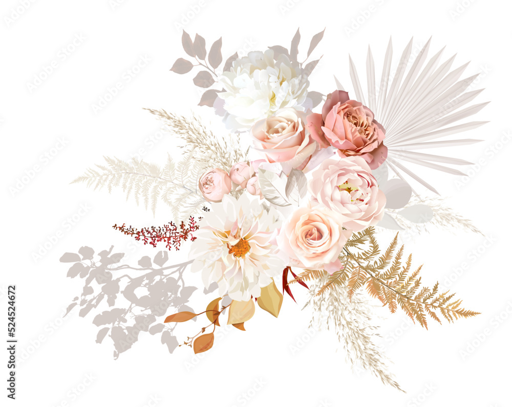 Fototapeta Rust orange and blush pink antique rose, beige and pale flowers, creamy peony, ranunculus, dahlia