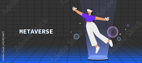 Metaverse entertainment. Flat vector illustration with woman wearing virtual reality glasses and VR headsets, interacting and exploring a virtual world. Concept of future innovations.