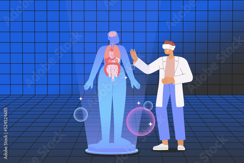 Flat vector illustration with student or intern wearing virtual reality glasses are practicing virtual treating patients. Concept of digital learning space.