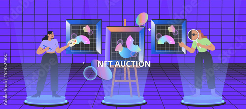 Set of NFT auction. Flat vector illustration with women at the virtual gallery buying or selling digital art. Concept of Metaverse.