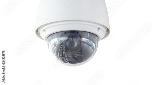 Foto Closeup of white dome type cctv digital security camera installed on ceiling for observation