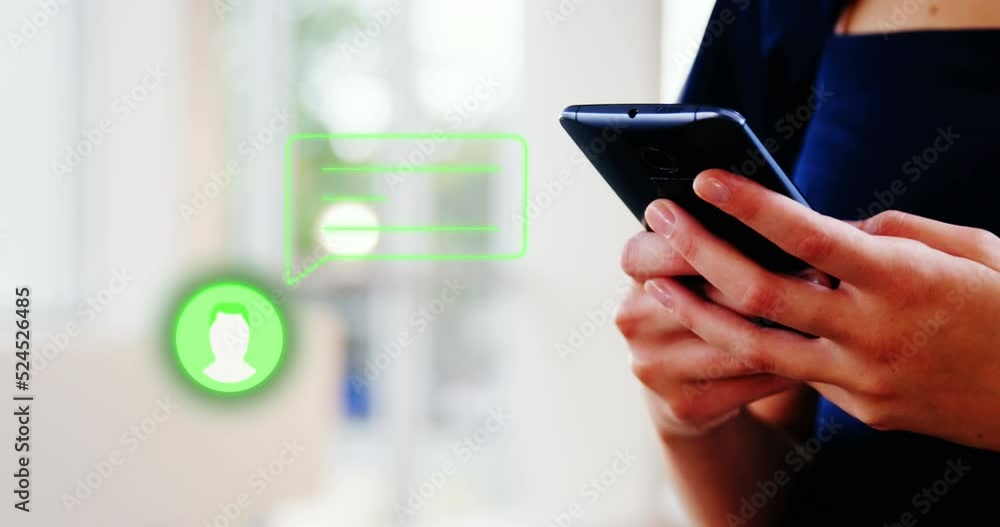 Animation of media icon over hands using smartphone Animation of media icon over hands using smartphone