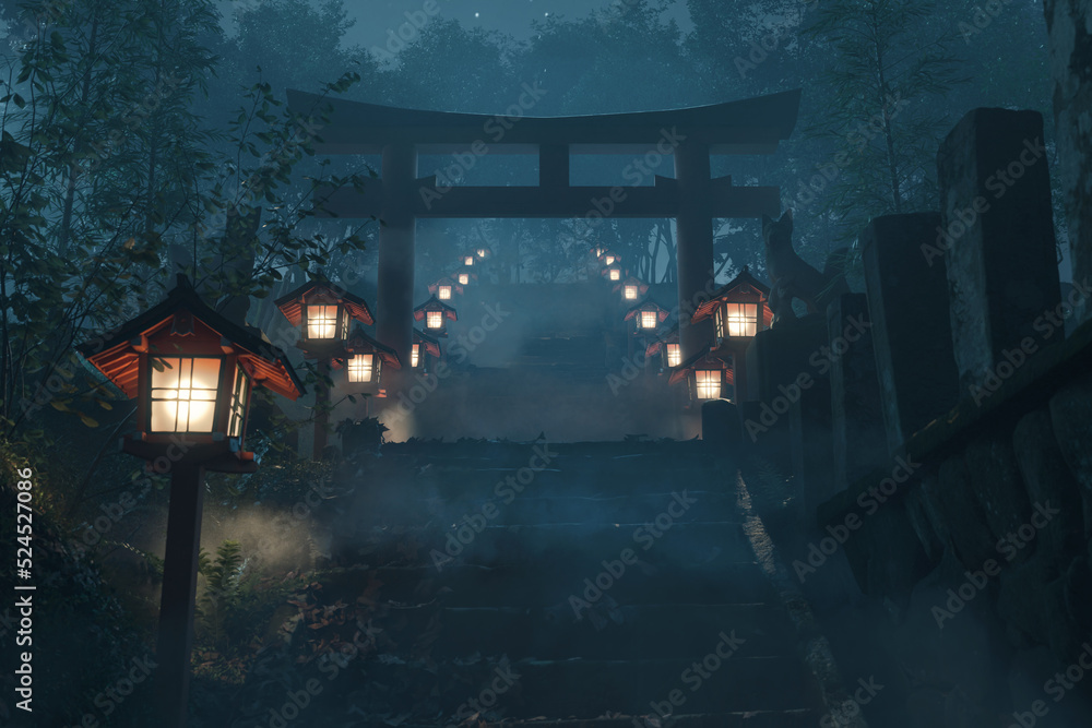 3d rendering of an old japanese shrine with red torii gate and wooden illuminated lantern at foggy night - obrazy, fototapety, plakaty 