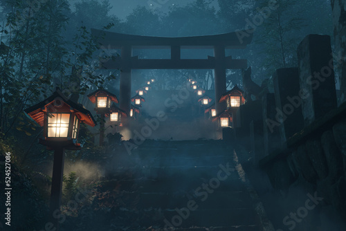 Photo 3d rendering of an old japanese shrine with red torii gate and wooden illuminate