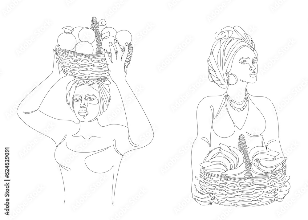 Collection. Silhouettes of a girl in a headscarf. The lady is holding a basket of bananas and apples in her hands. Woman in modern one line style. Solid line, outline, logo. Vector illustration, set. Collection. Silhouettes of a girl in a headscarf. The lady is holding a basket of bananas and apples in her hands. Woman in modern one line style. Solid line, outline, logo. Vector illustration, set.