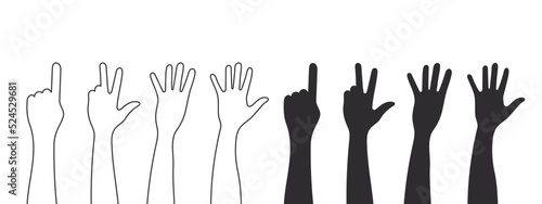 Silhouettes of hands. Raised hands. Teamwork, collaboration, voting, volunteering concert. Vector illustration