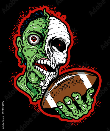 rotting zombie mascot holding football
for halloween game or tournament