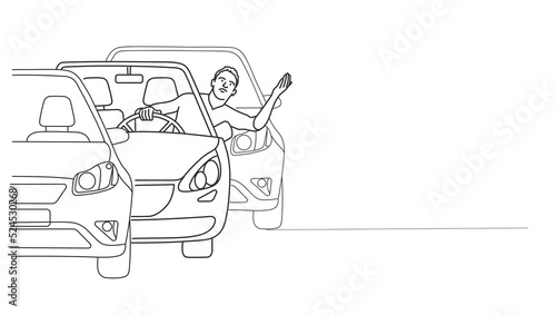 Aggressive man driver scream and shout beep in car on road.