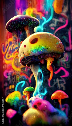 Abstract multicolor magical mushroom surrealism. Lots of colored paint, ink, mushrooms, rainbows and multicolored smoke. Colorful marvelous unreality from dreams. The concept of dreams and illusions. photo