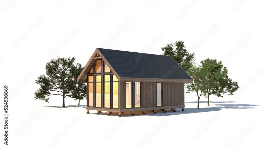 Exterior view of the farmhouse. Country house. A small country house on stilts. 3D render. Exterior view of the farmhouse. Country house. A small country house on stilts. 3D render.