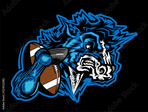 mean mustang mascot holding football for school, college or league