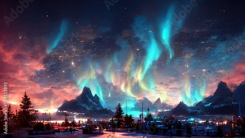 Obraz na plátně northern lights over the sea snowy mountains and city