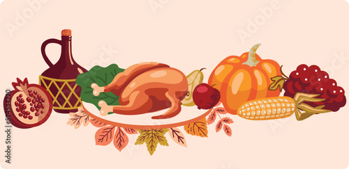 Fototapeta Naklejka Na Ścianę i Meble -  Thanksgiving day table. Vector food illustration