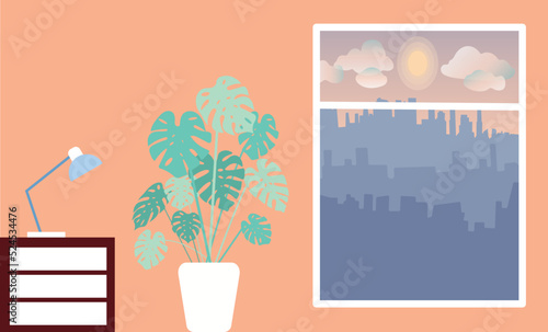 Monstera in the room. Nice view from the window. Room interior.