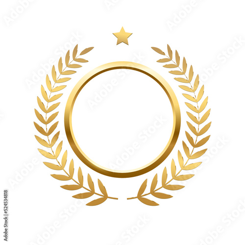 Gold round frame, stars and circular wreath from olive leaf, 3d golden anniversary medal