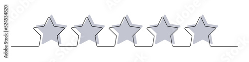 Product quality rating or customer review with five grey stars with black continuous line vector illustration. Assessment linear symbols for critic feedback service, evaluation survey, mobil app