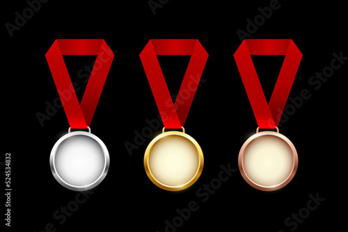 Golden, silver and bronze blank medals hanging on red ribbons isolated on black background. Vector sports illustration.