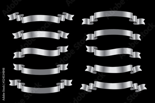 Silver luxury ribbons set. Vector metal design elements isolated on black background.