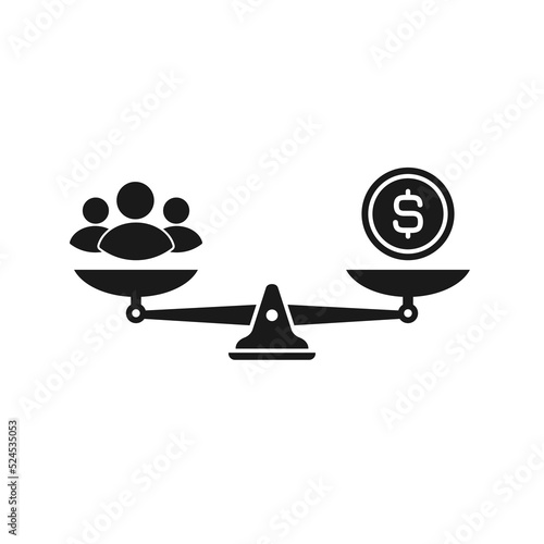 Black mechanical scales with dollar coin and people group in pans. Labor, work and collective value concept. Work and life balance. Human resources, labour and salary pay scale. Vector illustration