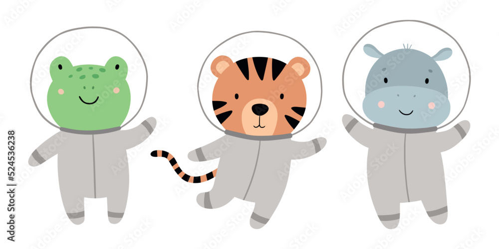 Fototapeta premium Cute animals in space. Hand-drawn frog, tiger, hippo. Cartoon characters in an astronaut costume. Vector illustration