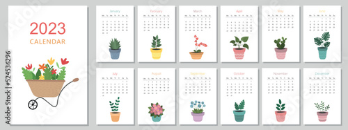 A4 calendar for 2023. Cute potted flowers. A set of pages for 12 months of 2023. Vector illustration. The week starts on Monday.