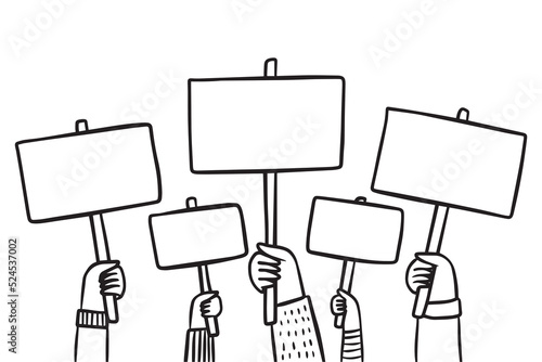 Vector cartoon illustration Hands holding plate. Blank Banners on white. Selection Voting Poster. 