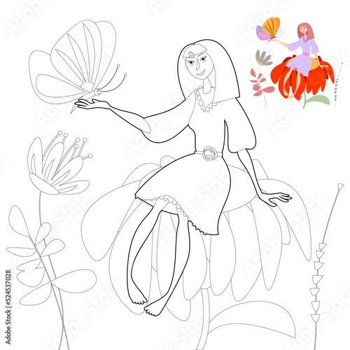 A tiny girl sitting on a big flower with a butterfly on her arm. Thumbelina. Сoloring page. Vector illustration..