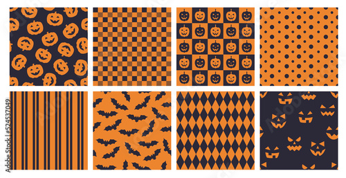 Set of 8 seamless patterns for wrapping paper, textile, cards, decoration, banners and other designs related to Halloween . Flat style vector illustration with pumpkins, bats and spooky faces