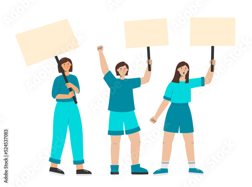 Women protest holding banners. Empty posters for manifestation. Demonstration for women rights. Vector illustration of manifesting activists.