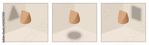 Point of view symbol, matters of opinion. Three different perspectives of a wedge shaped wooden object that casts a round, a triangular and a square shadow on walls and floor. Vector illustration.
