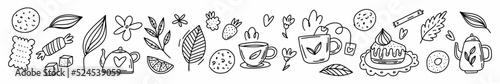Tea party pattern, tea set. A sketch. Vector illustration of doodles.