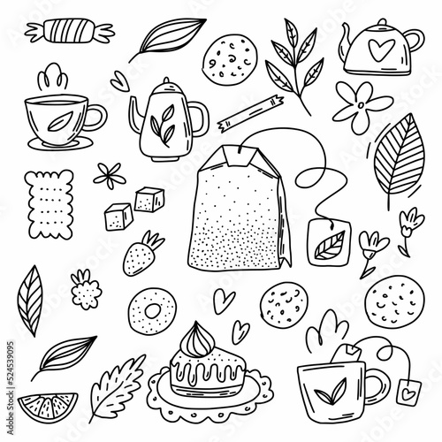 Tea party pattern, tea set. A sketch. Vector illustration of doodles.