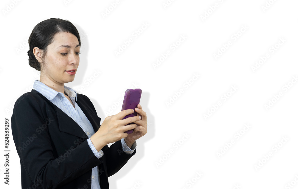 Attractive business woman in black suit uses smart phone. Business lifestyle and success concept. Lunch break among working day Attractive business woman in black suit uses smart phone. Business lifestyle and success concept. Lunch break among working day