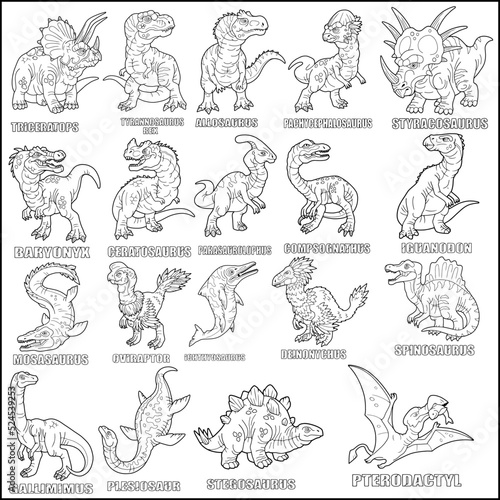 prehistoric dinosaurs, set of images, coloring book