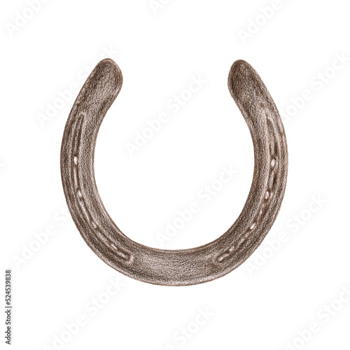 An aquarelle pencil artistic hand drawn image of a brown horseshoe with a real aquarelle paper texture as an element for design of texts, labels, greeting and invitation cards (isolated object) photo