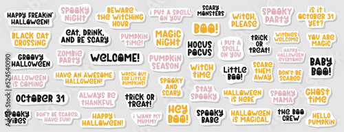 Huge set of Halloween stickers with cute sayings. Spooky and funny phrases for fall designs, party decorations. Happy Halloween printable stickers. Vector illustration with ghost, spider and cobweb