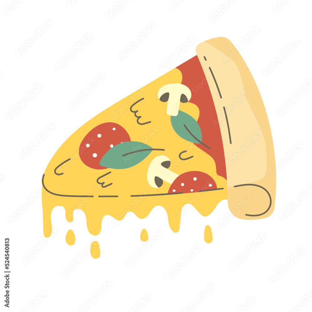 A slice of pizza with sausage, mushrooms and melt cheese. Fresh, hot food. Vector isolated image on a white background. A slice of pizza with sausage, mushrooms and melt cheese. Fresh, hot food. Vector isolated image on a white background.