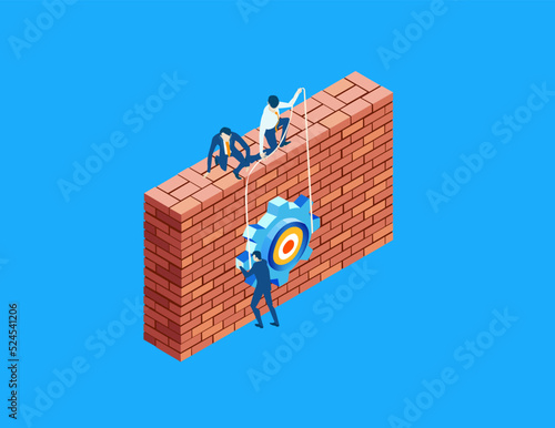 Isometric business concept environment, Business people working pull up gear. Solving problems, helping, supporting, achievement infographic illustration