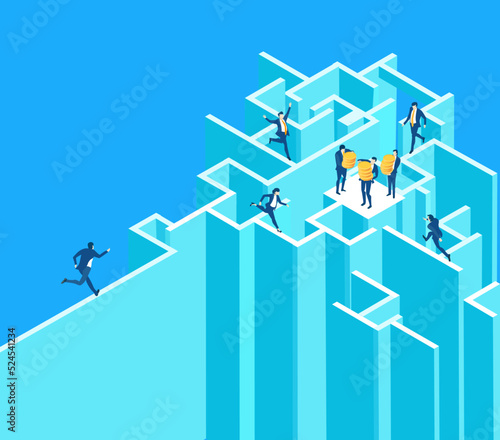 Isometric business concept environment, Business people running in labyrinth. Solving problems, financial risks, achievement infographic illustration