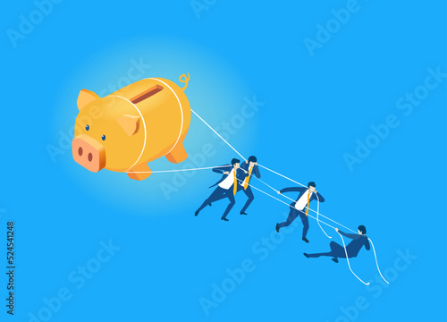 Isometric business environment infographic. Making money. Business people pulling up big golden pig. Banking, investment, profit, financial advisory concept.