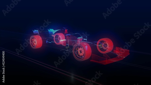 Formula 1 car outline driving fast on an infinite road. Racing car with glowing clear interior. Holographic picture Formula 1 car